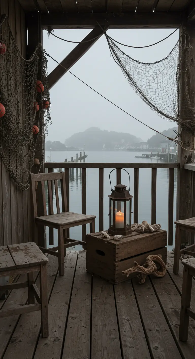 Porche rústico de madera con vistas al agua, decorado con una red de pescar y un farol.