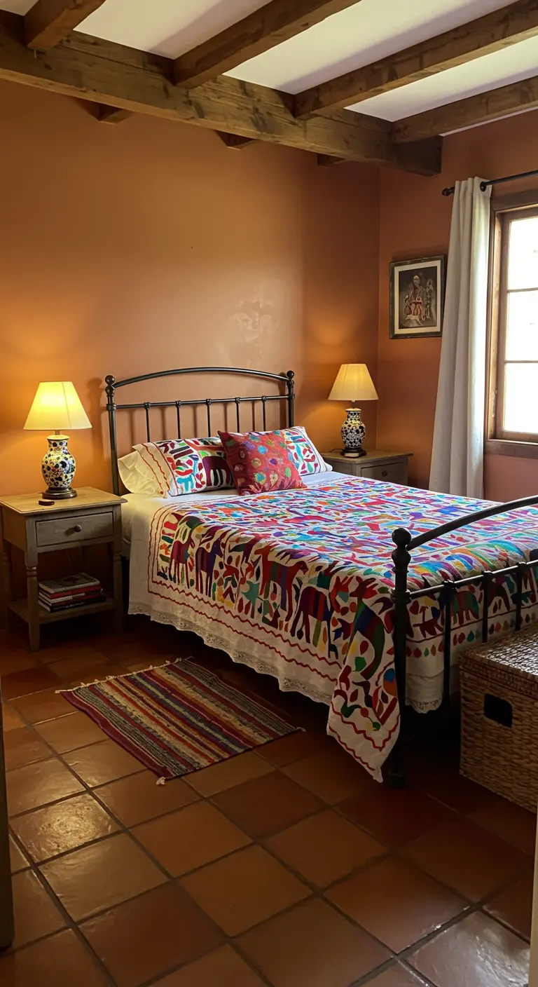 Dormitorio rústico con paredes color tierra, cama de hierro forjado y colcha bordada otomí.