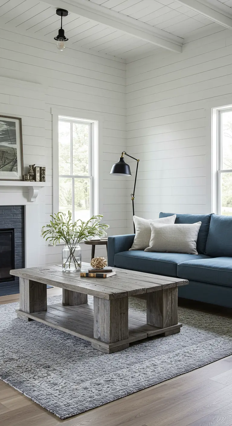 Sala de estar estilo farmhouse con paredes de lamas blancas y un sofá azul.