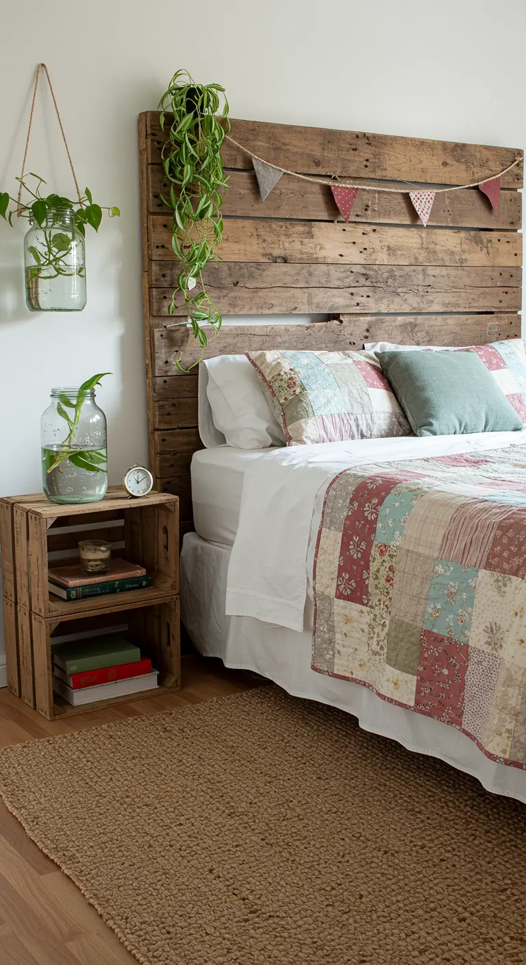 Dormitorio rústico con cabecero de palets, mesita de cajas de fruta y colcha de patchwork.