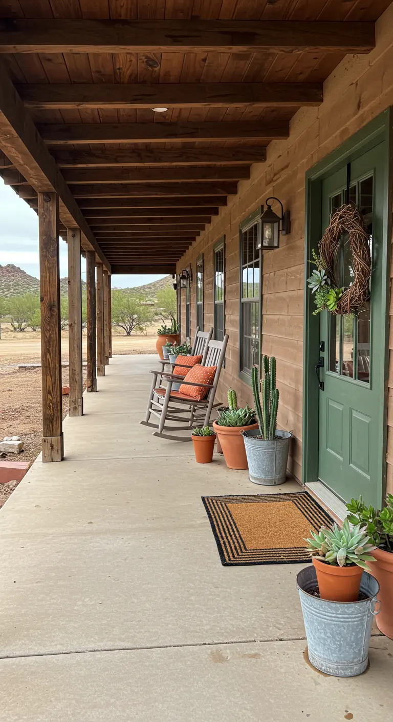 Largo porche de madera estilo rancho con mecedoras y macetas de terracota y metal galvanizado