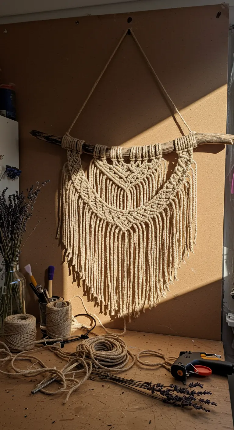 Tapiz de macramé hecho con cuerda de yute rústico, colgado de una rama sobre una mesa de trabajo.
