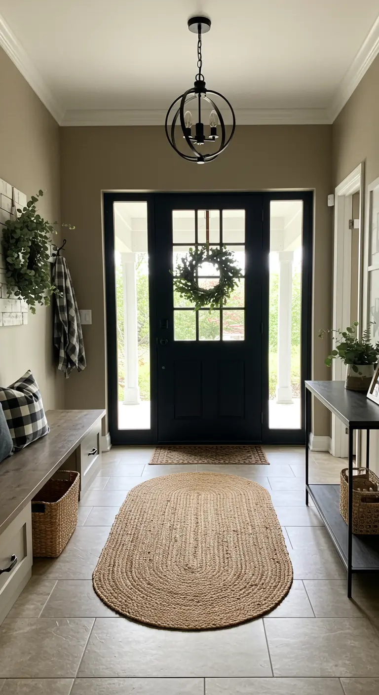 Entrada farmhouse con puerta negra, banco de almacenaje blanco y alfombra de yute ovalada.
