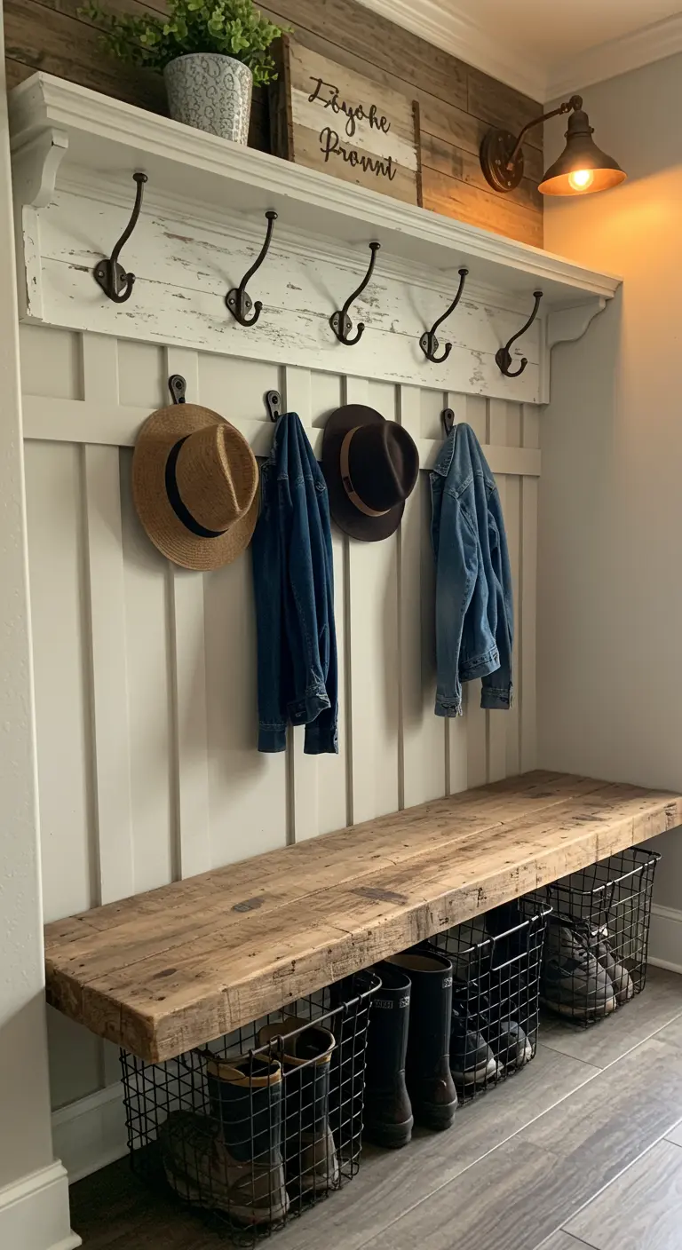 Entrada rústica con banco de madera recuperada, cestas de alambre y perchero de estilo granja.