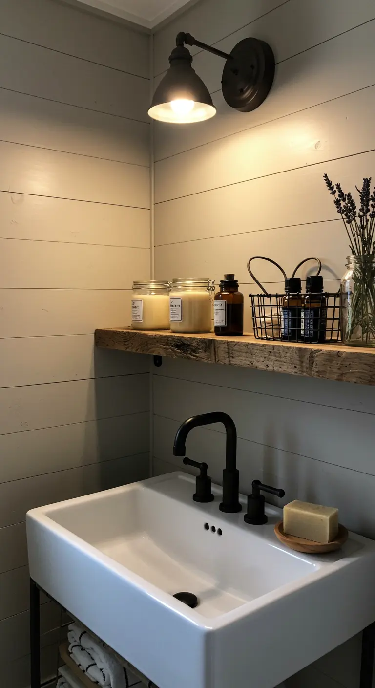 Repisa de madera rústica con velas en frascos, aceites y una cesta metálica sobre un lavabo.