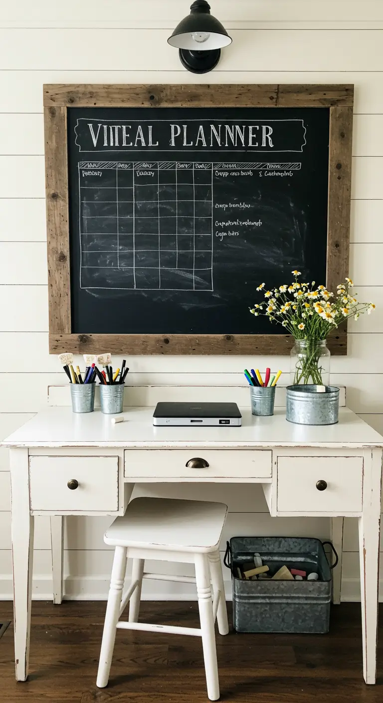 Rincón de planificación rústico con pizarra enmarcada en madera recuperada y escritorio blanco vintage.