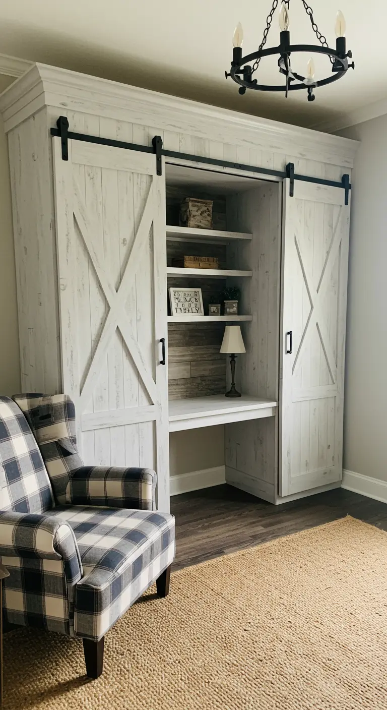 Mueble blanco con acabado desgastado que oculta un escritorio tras unas puertas correderas de granero.