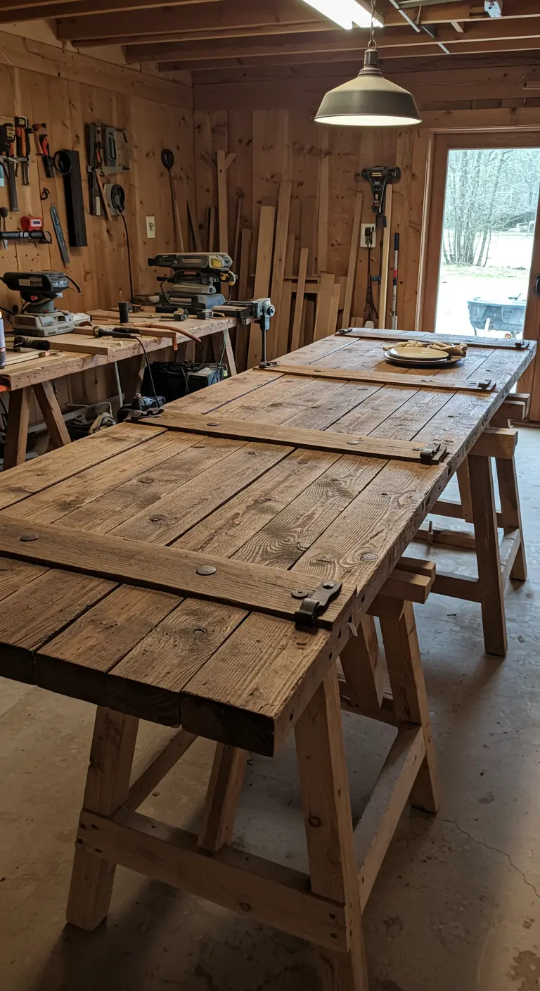 Mesa de comedor rústica hecha con una puerta de madera vieja sobre caballetes en un taller.