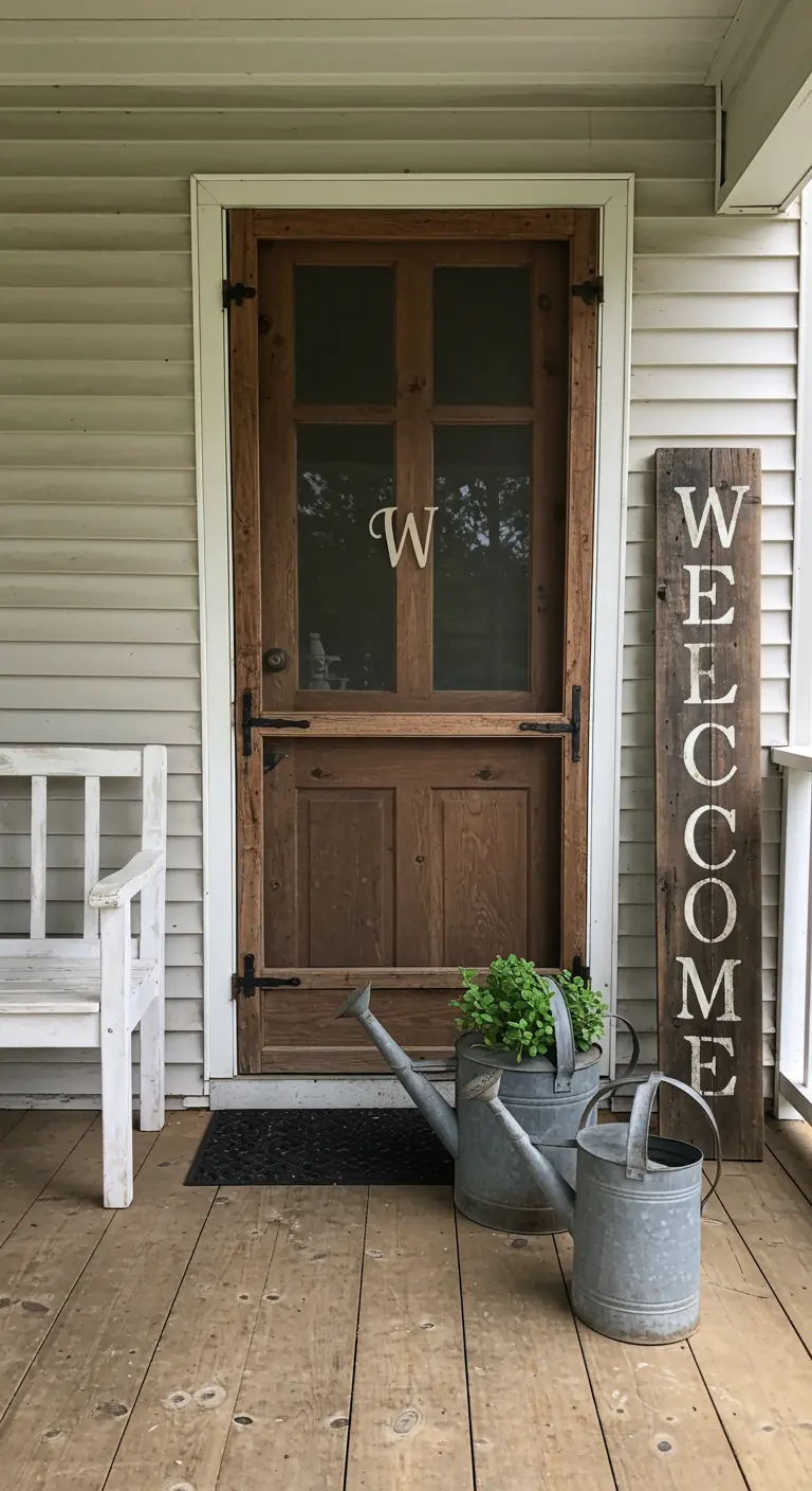 Porche rústico con puerta de mosquitera, banco blanco y regaderas de zinc como decoración.