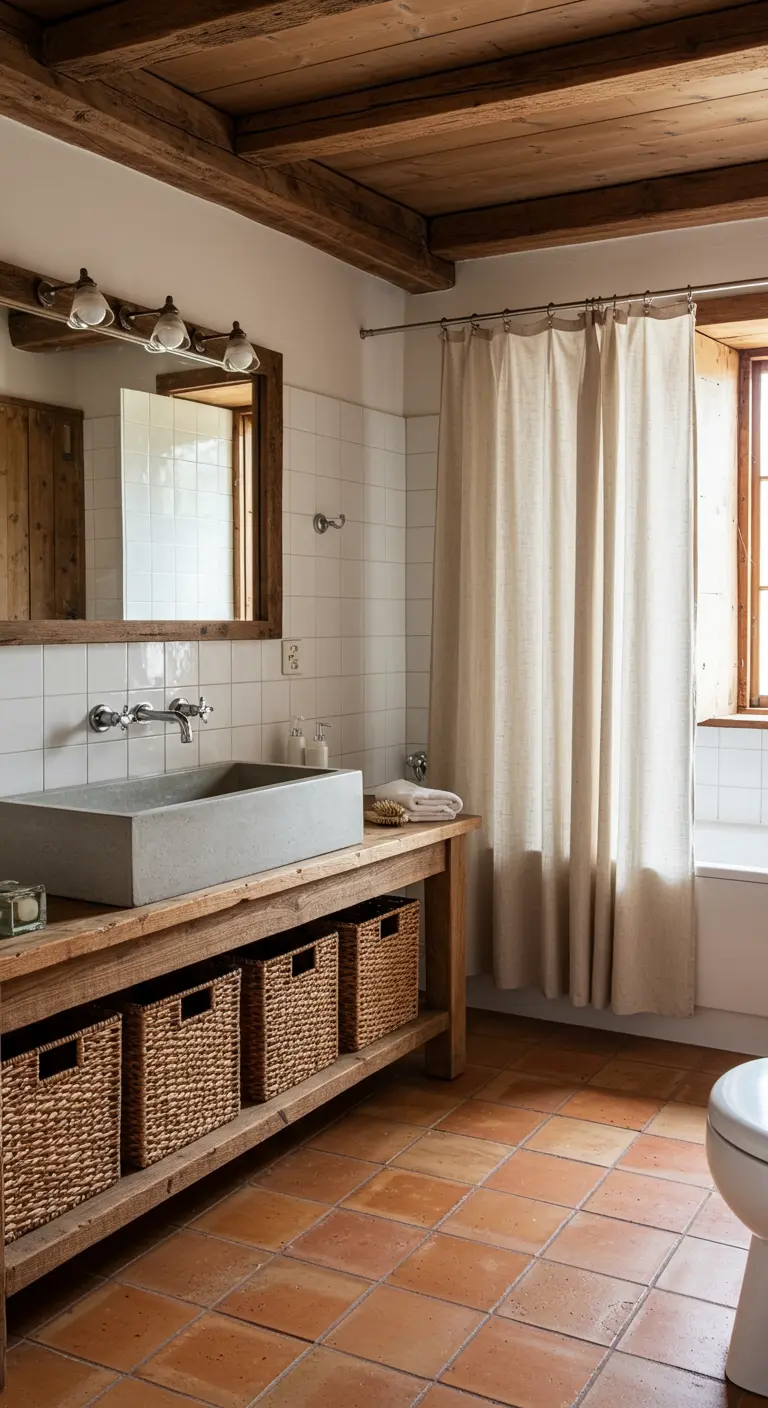 Baño de estilo farmhouse con lavabo de cemento, mueble de madera recuperada y suelo de terracota.