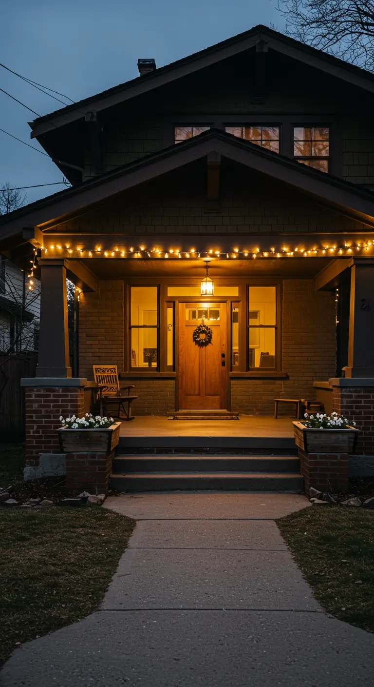 Porche de una casa de estilo Craftsman iluminado por una guirnalda de bombillas a lo largo del alero.