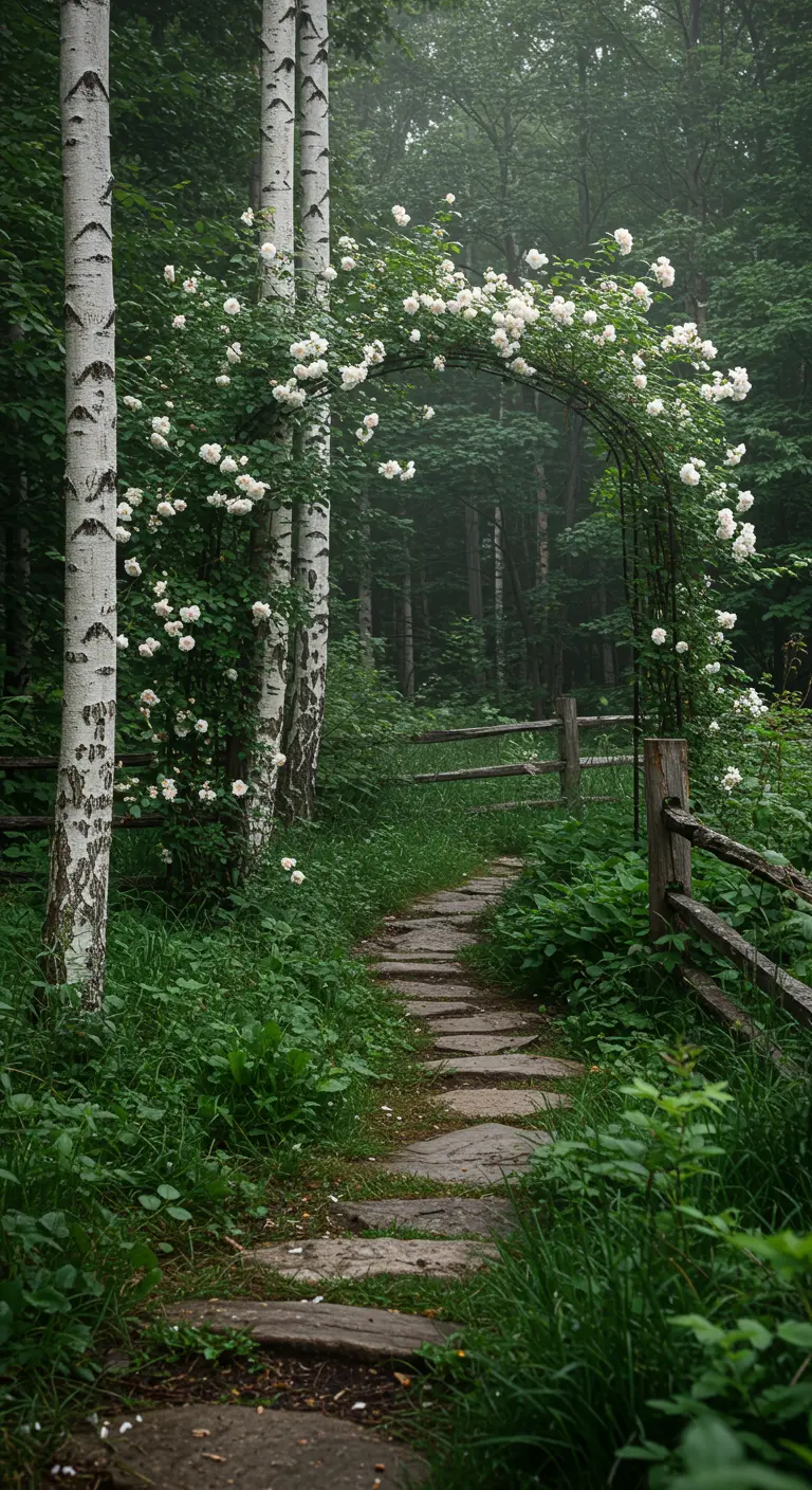 Sendero rústico de piedra en un bosque con un arco de rosas blancas junto a unos abedules.