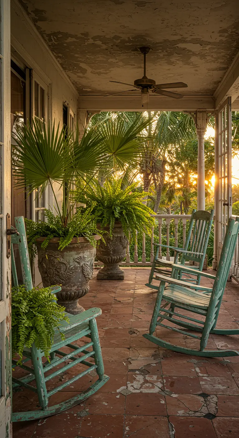 Porche rústico con mecedoras de madera envejecida en tono verdoso y grandes helechos en urnas de piedra.