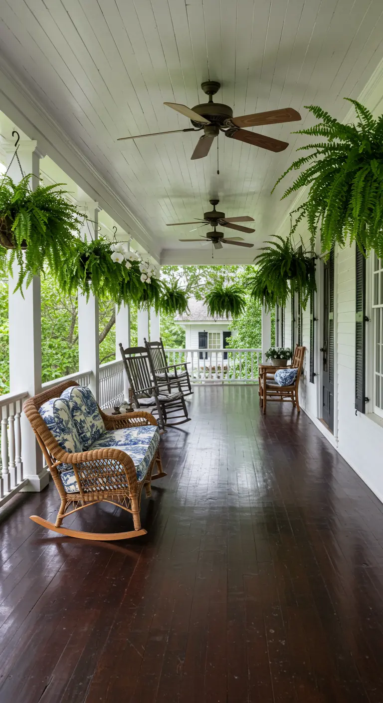 Porche blanco de estilo sureño con mecedoras de mimbre y helechos colgantes.