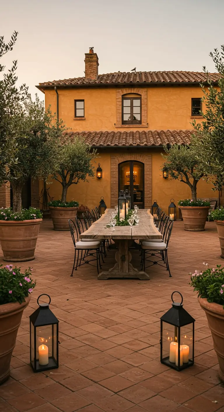 Patio de estilo toscano con una larga mesa de madera, rodeada de olivos en macetas y faroles.