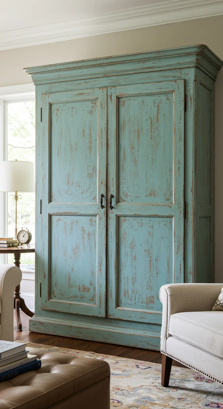 Armario alto de madera con un acabado desgastado en color turquesa, completamente cerrado.