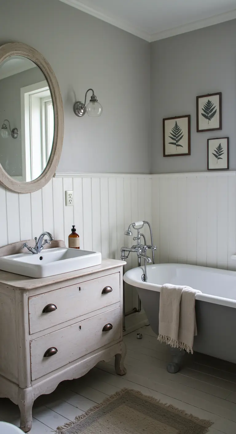 Baño de estilo rústico chic con una cómoda antigua como mueble de lavabo.