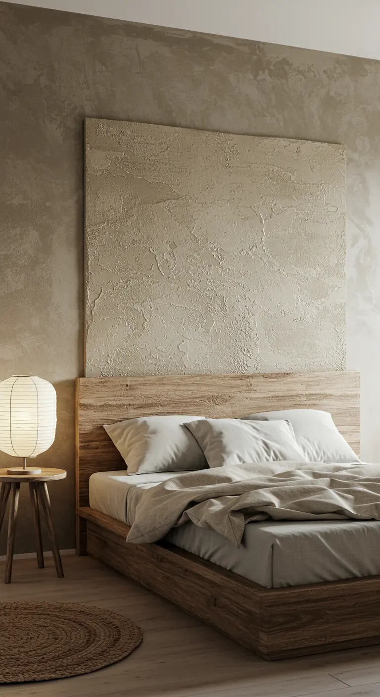 Lienzo grande con textura de yeso en tono arena, colgado sobre un cabecero de madera.