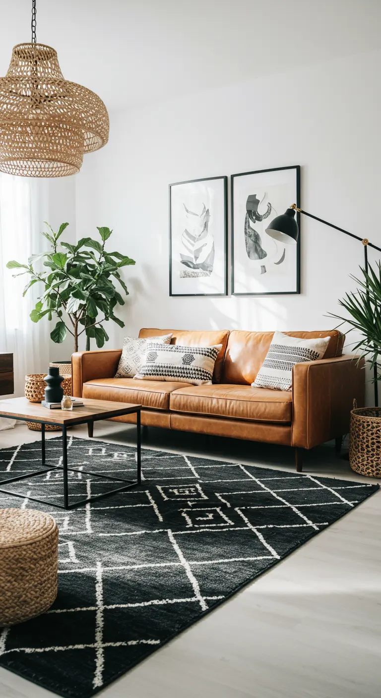 Salón con sofá de cuero, alfombra geométrica en blanco y negro y lámpara de mimbre