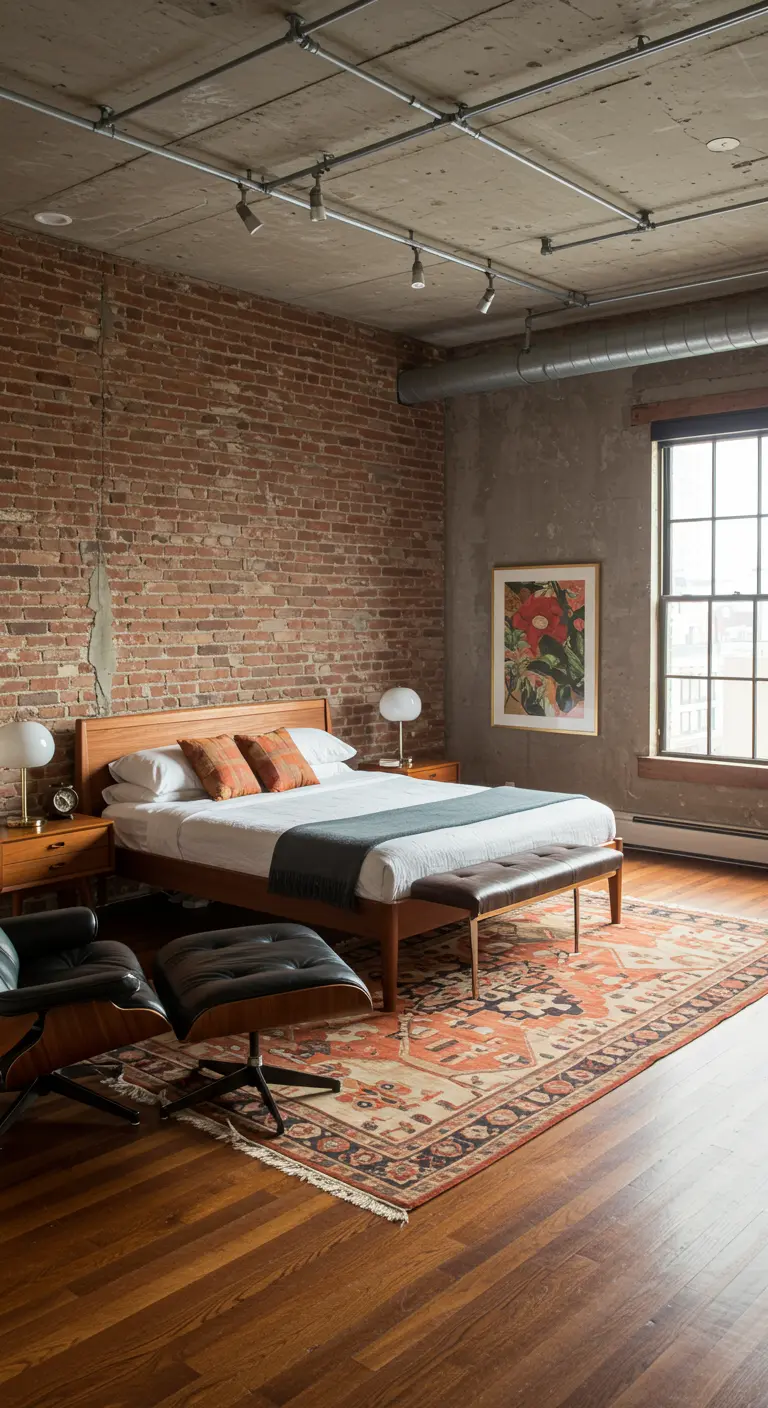 Dormitorio con pared de ladrillo, muebles de madera de estilo Mid-Century y alfombra geométrica