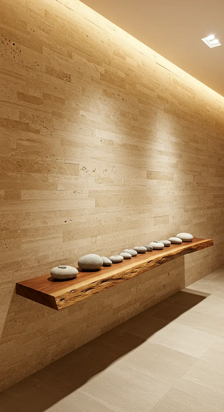 Pared de travertino con un estante de madera y una fila de piedras de río apiladas.