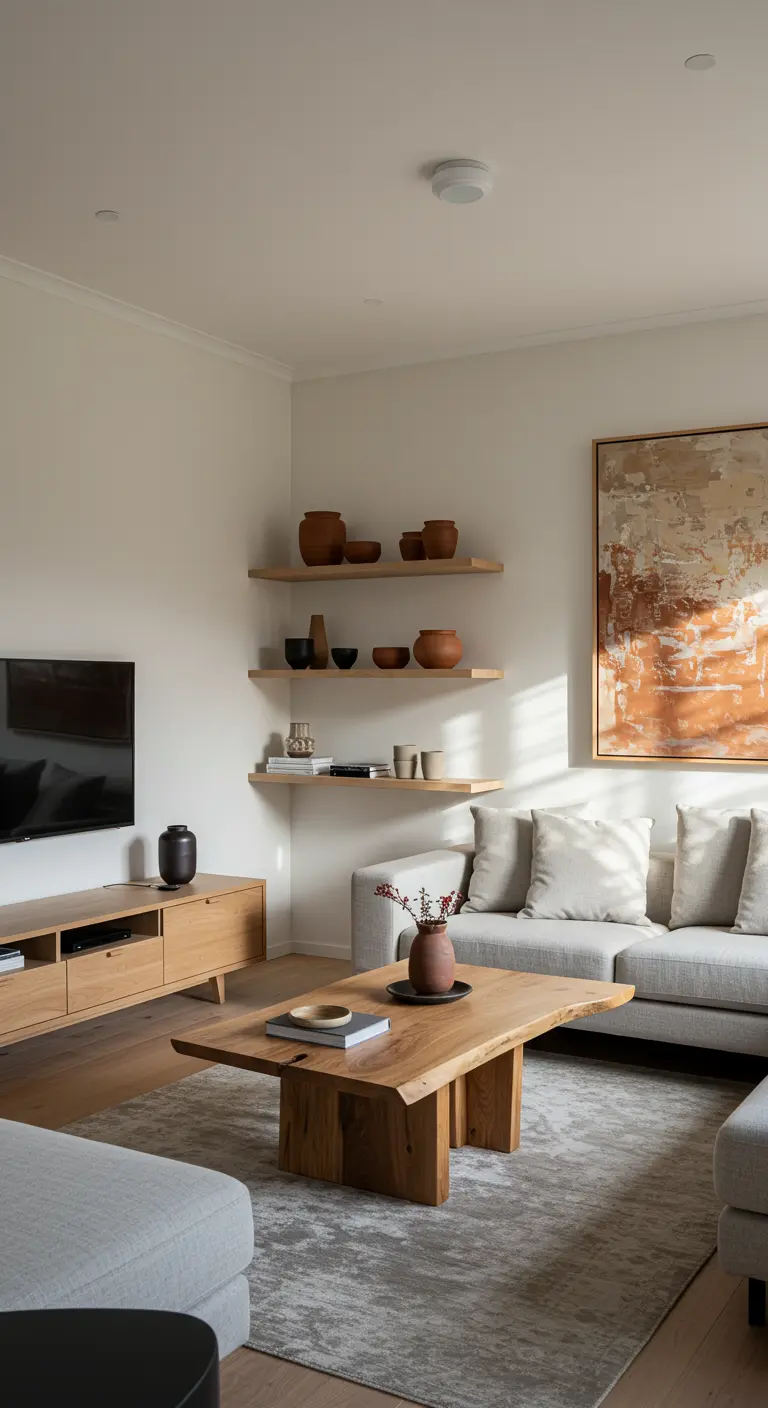 Sala de estar en tonos tierra con sofá gris, mesa de madera y cerámica decorativa.