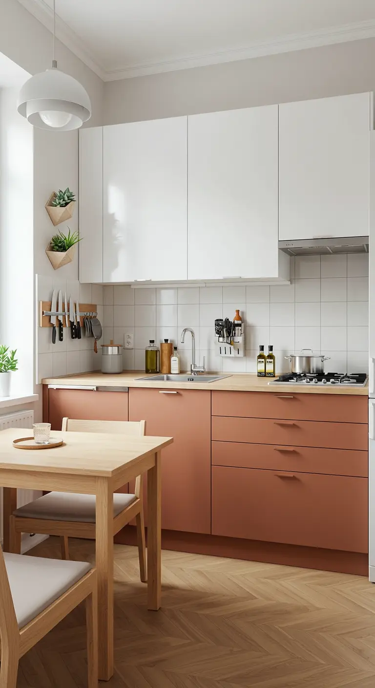 Cocina de dos tonos con gabinetes inferiores en terracota y superiores en blanco.