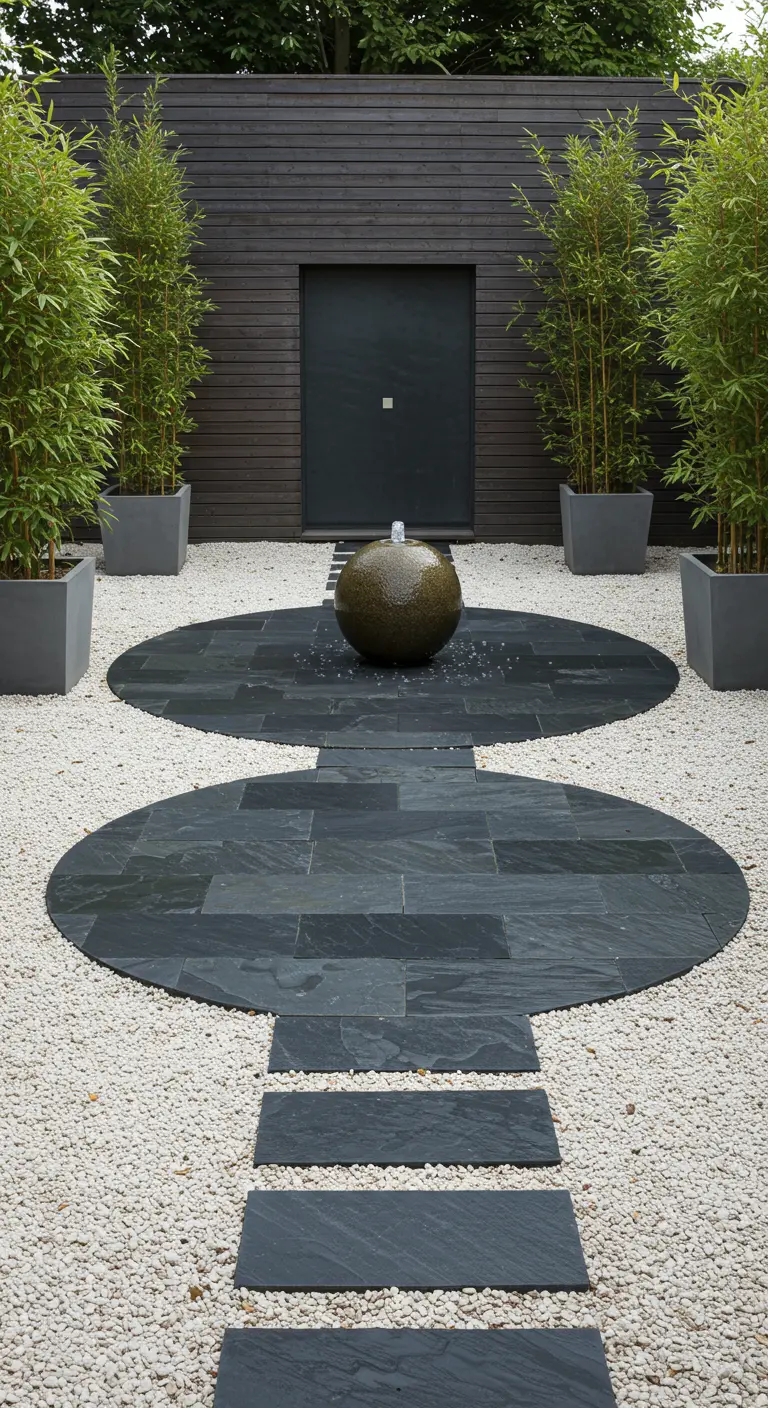 Jardín zen simétrico con dos círculos de pizarra, una fuente esférica y maceteros con bambú.