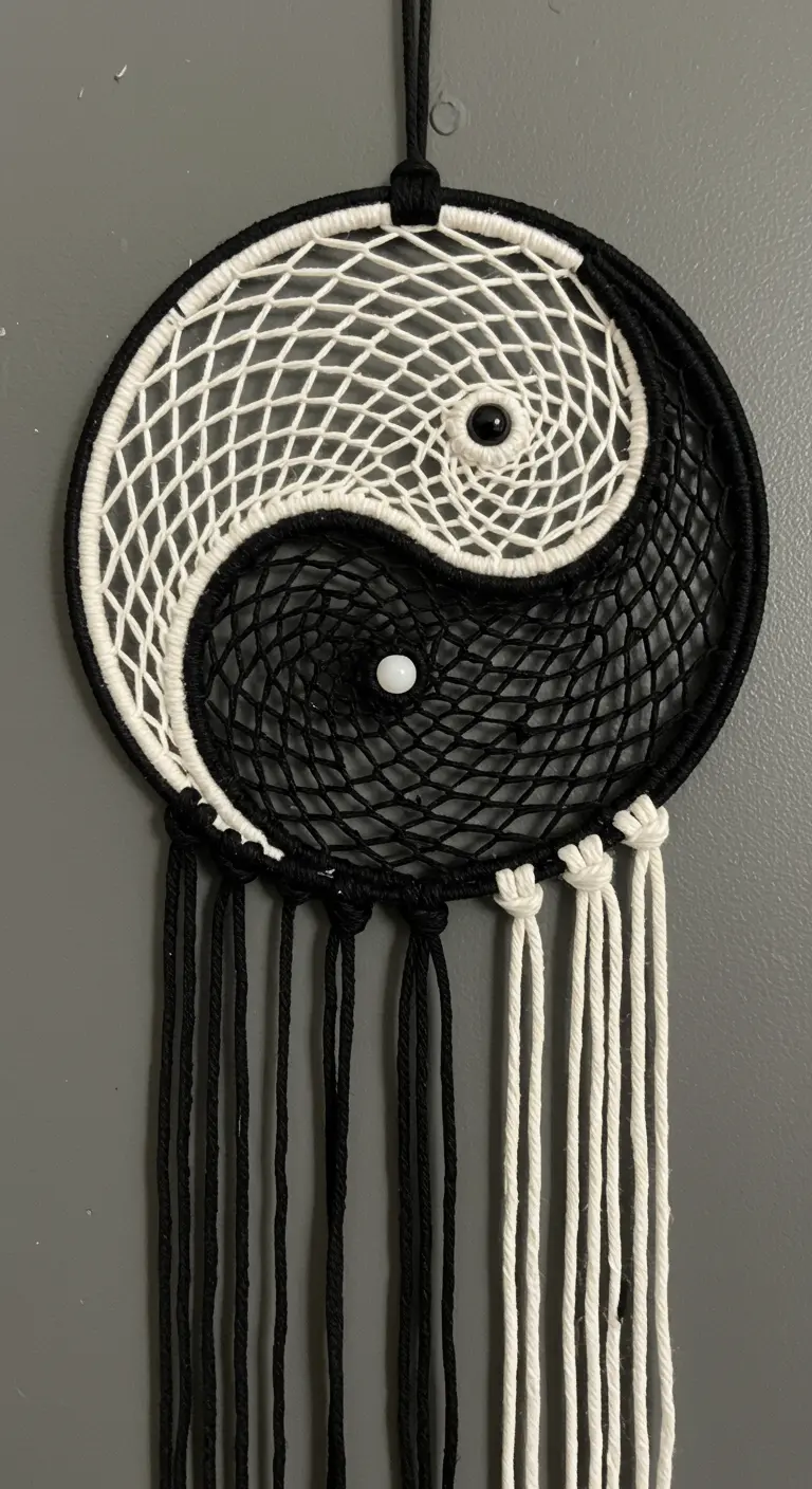 Atrapasueños con diseño de Yin Yang en blanco y negro con flecos a juego.
