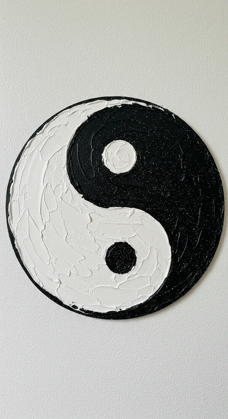Símbolo del Yin y el Yang hecho en un lienzo redondo con texturas de yeso y arena