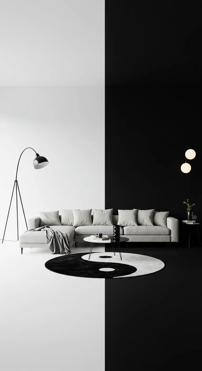 Sala con una pared dividida en blanco y negro, y una alfombra con el símbolo del Yin y Yang.