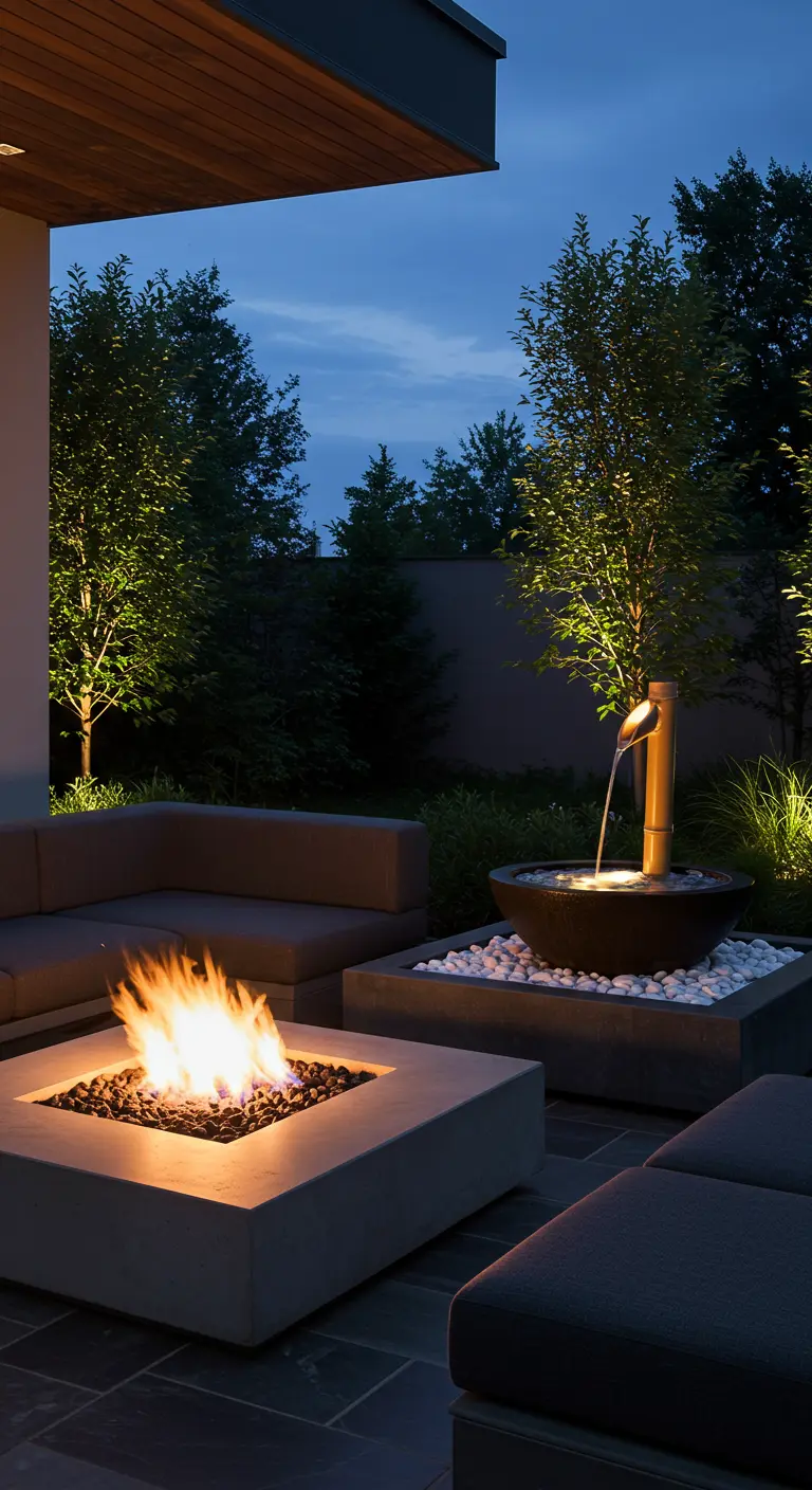 Patio nocturno con un brasero de hormigón encendido junto a una fuente de agua con piedras blancas.