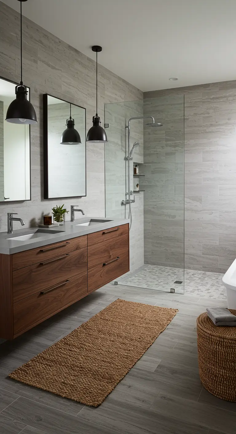 Baño moderno y rústico con mueble de madera de nogal, baldosas grises y lámparas colgantes negras.