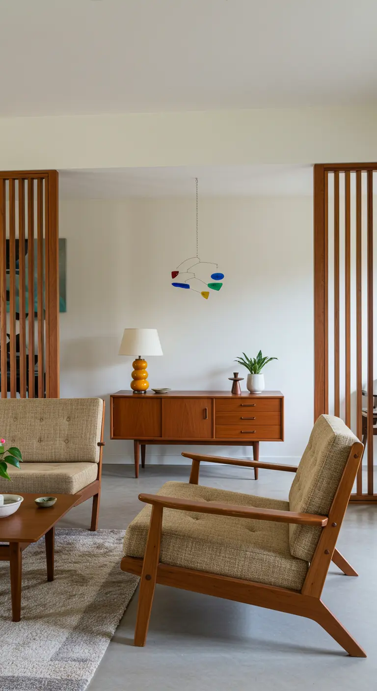 Móvil de estilo Mid-century Modern con formas de colores colgando sobre un aparador.