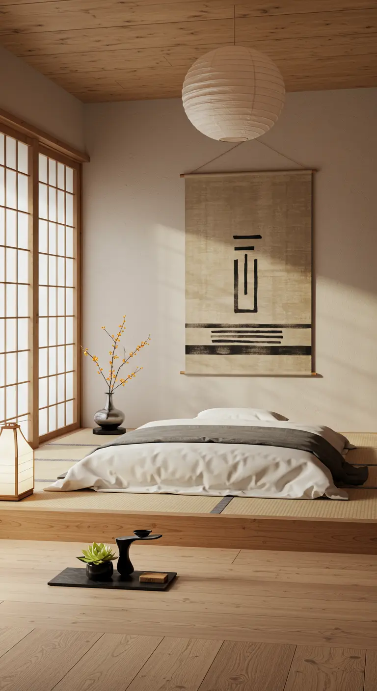 Dormitorio de estilo japonés con un tapiz minimalista y una cama a ras de suelo.