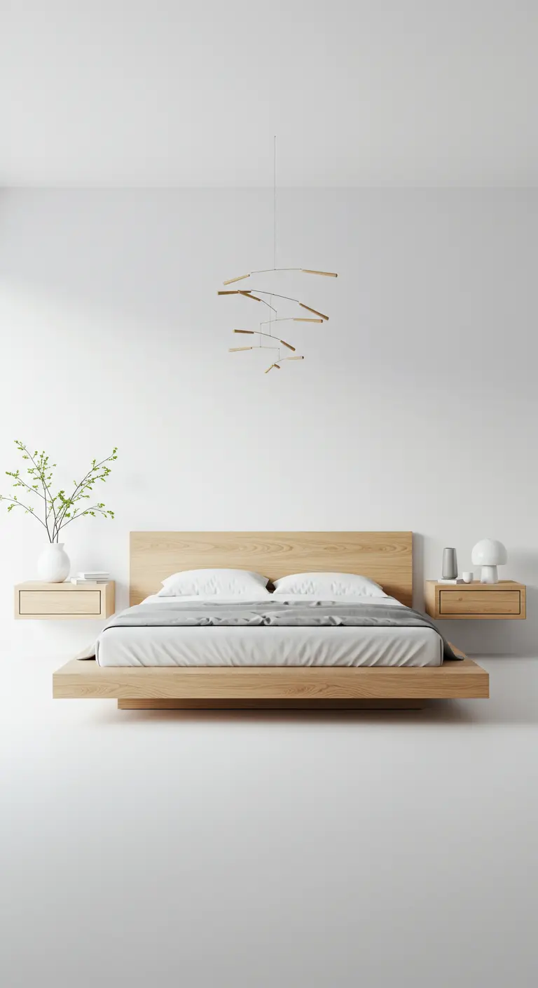 Dormitorio minimalista con cama y mesitas flotantes y un móvil colgando del techo