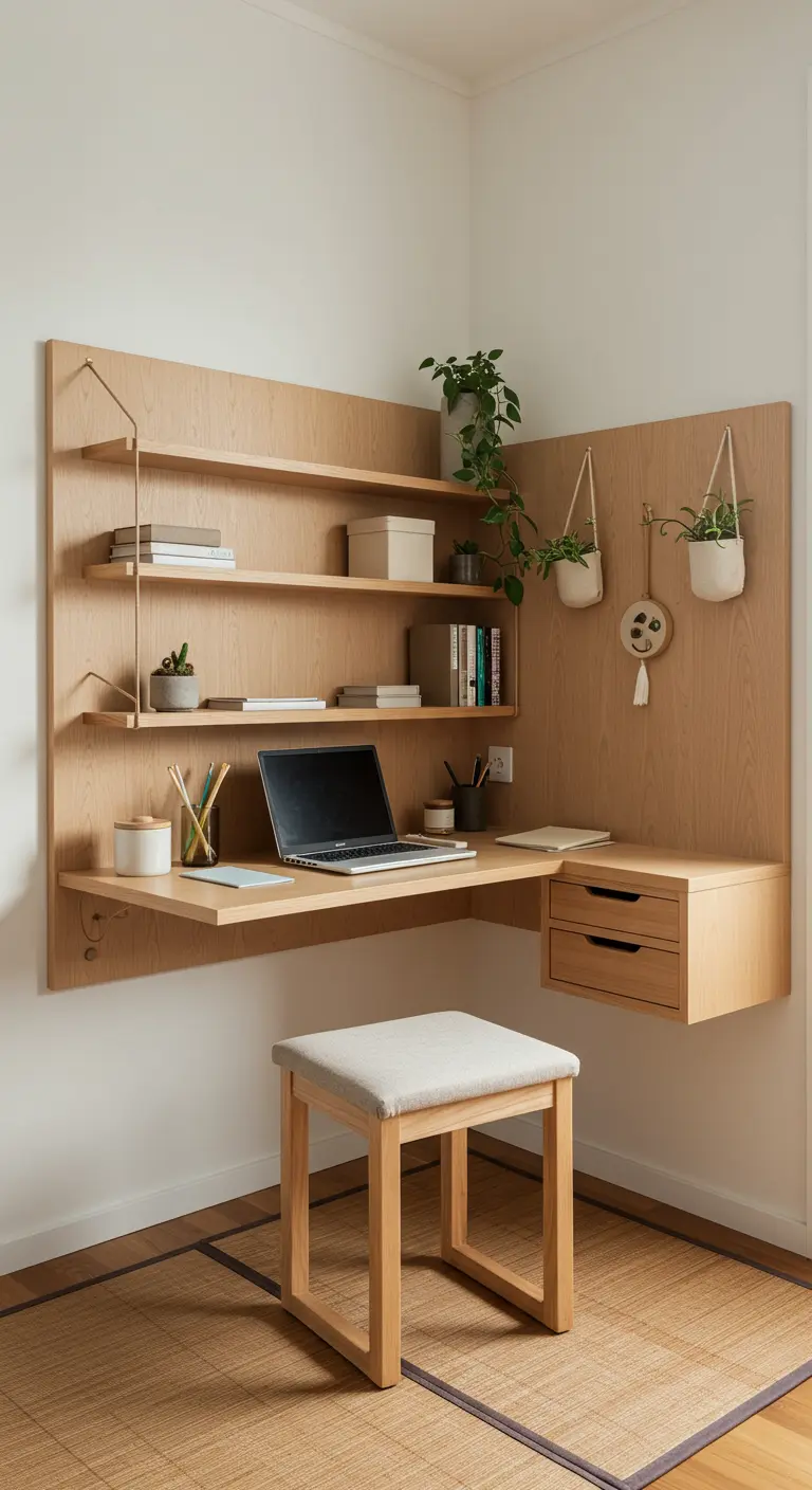 Rincón de trabajo esquinero de madera clara con estanterías integradas y plantas colgantes.