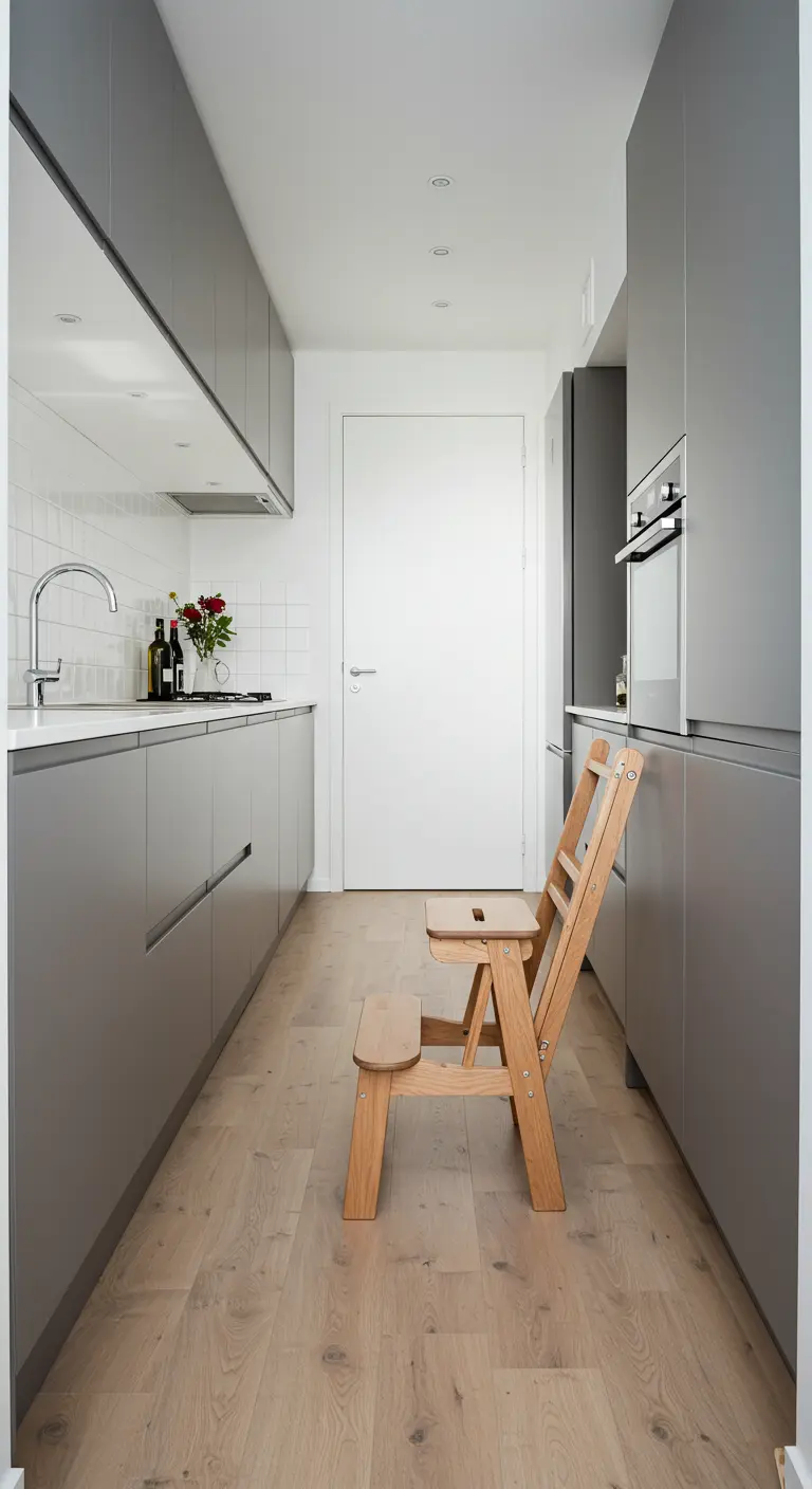 Torre de aprendizaje de madera plegable en el centro de una cocina de pasillo moderna