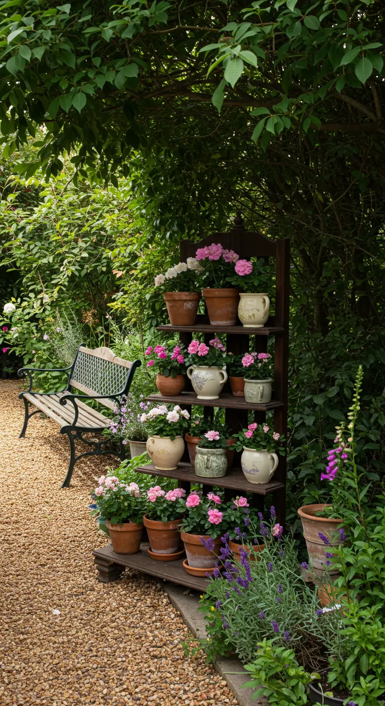 Estantería de madera oscura en un jardín exuberante, llena de macetas con flores rosas.