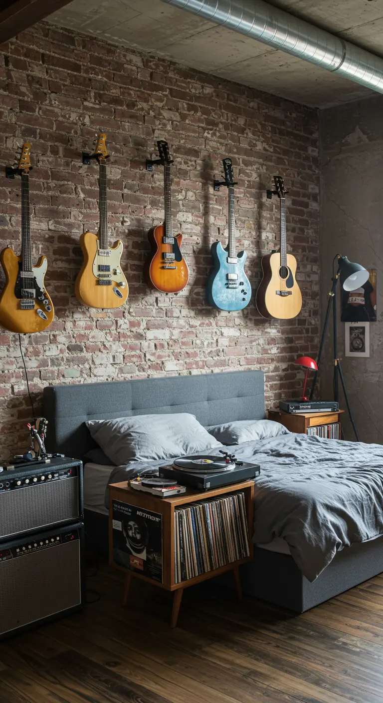 Dormitorio con una colección de guitarras colgadas en una pared de ladrillo