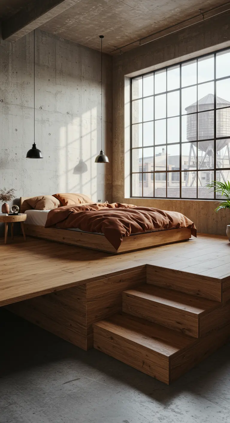 Cama sobre una plataforma de madera con escalones en un loft con paredes de hormigón