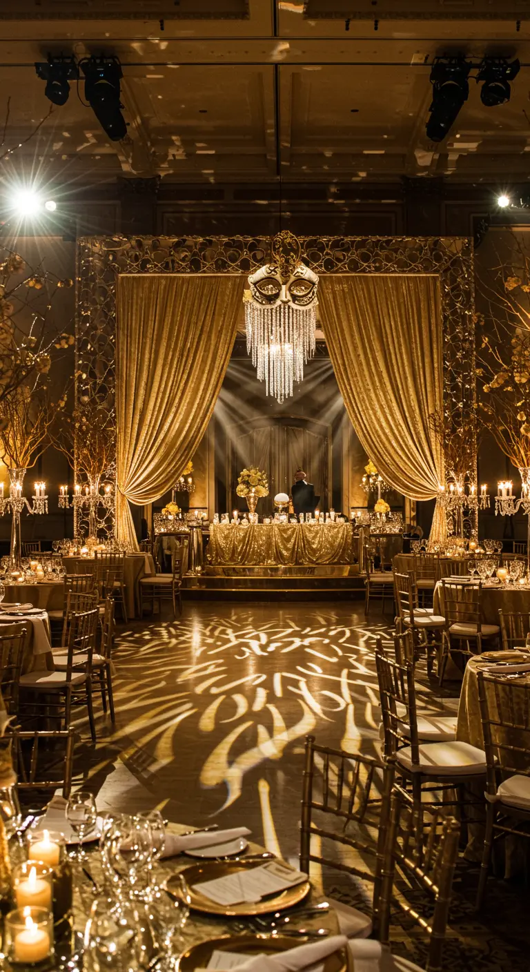 Escenario de fiesta con suntuosas cortinas doradas y un candelabro de cristal en el centro.