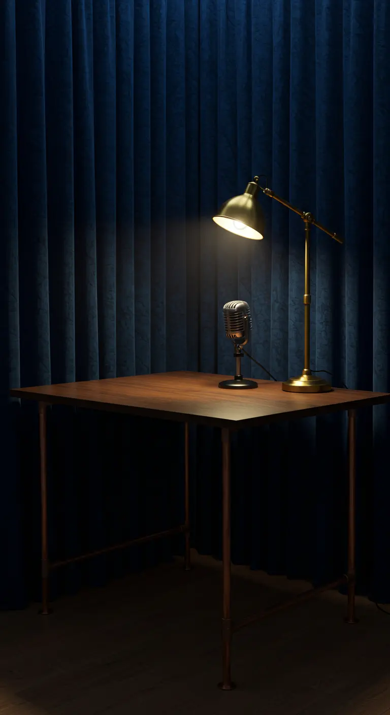 Micrófono de estilo vintage sobre una mesa de madera, iluminado por una lámpara de latón.