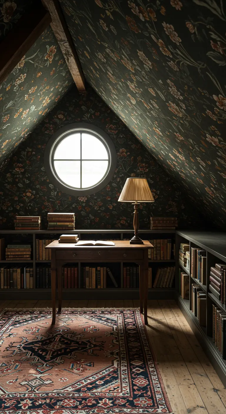 Estudio en un ático con paredes y techo cubiertos de papel pintado floral oscuro y estanterías bajas.