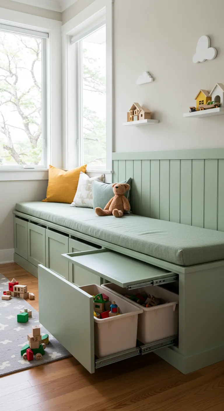 Banco de ventana verde menta en un cuarto infantil con cajones extraíbles llenos de juguetes.