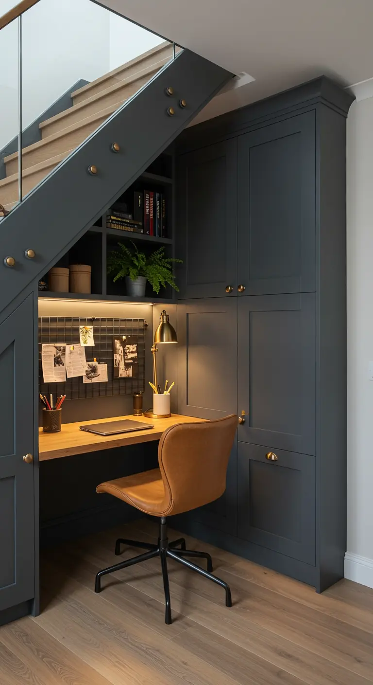 Rincón de trabajo empotrado bajo escalera con muebles grises, silla de cuero y luz cálida.