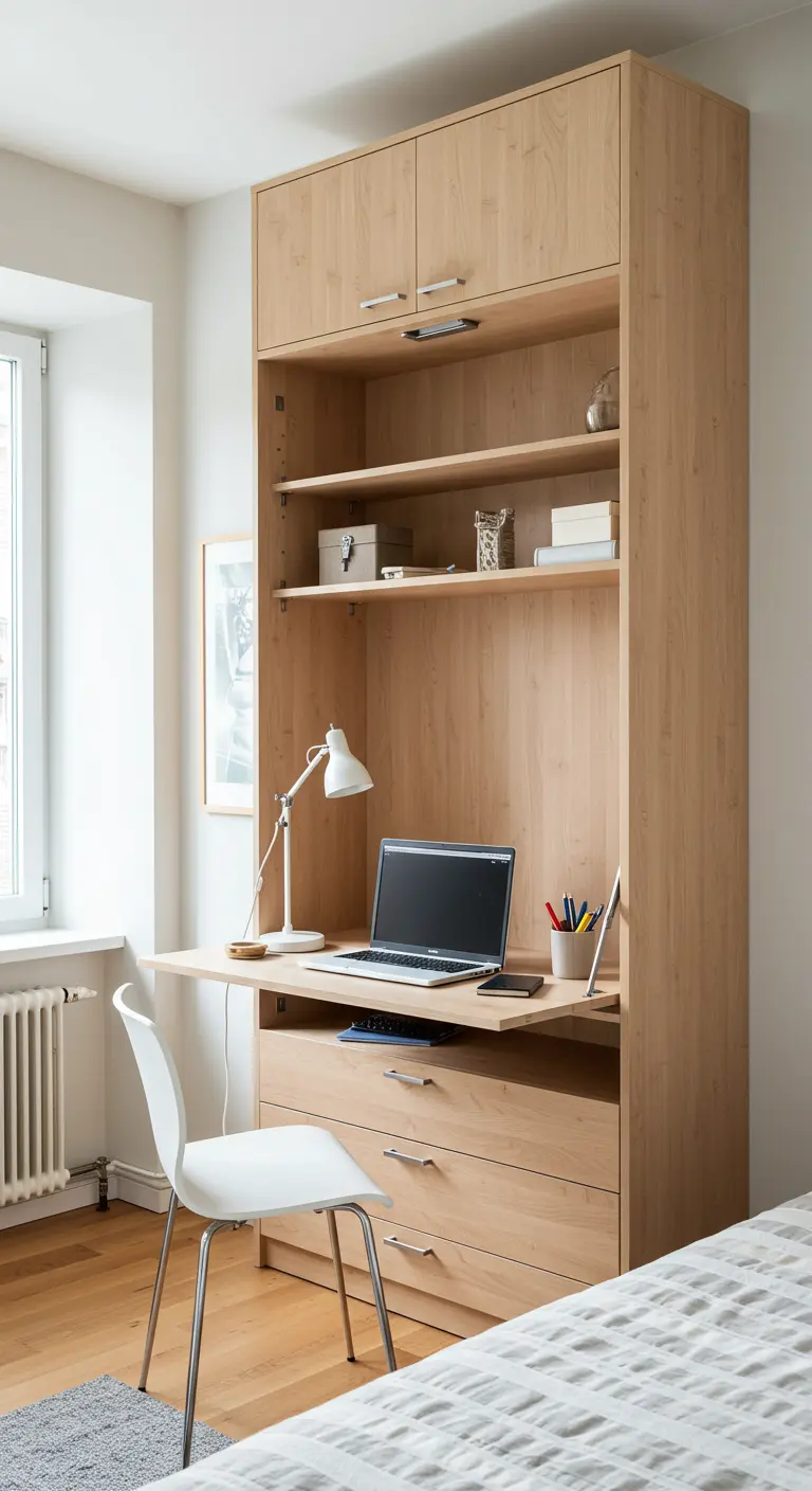 Mueble alto de madera clara con un escritorio abatible integrado, silla blanca y portátil.