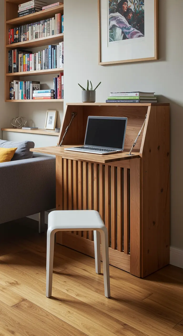 Escritorio plegable de madera de roble con diseño de listones verticales, estilo secreter.