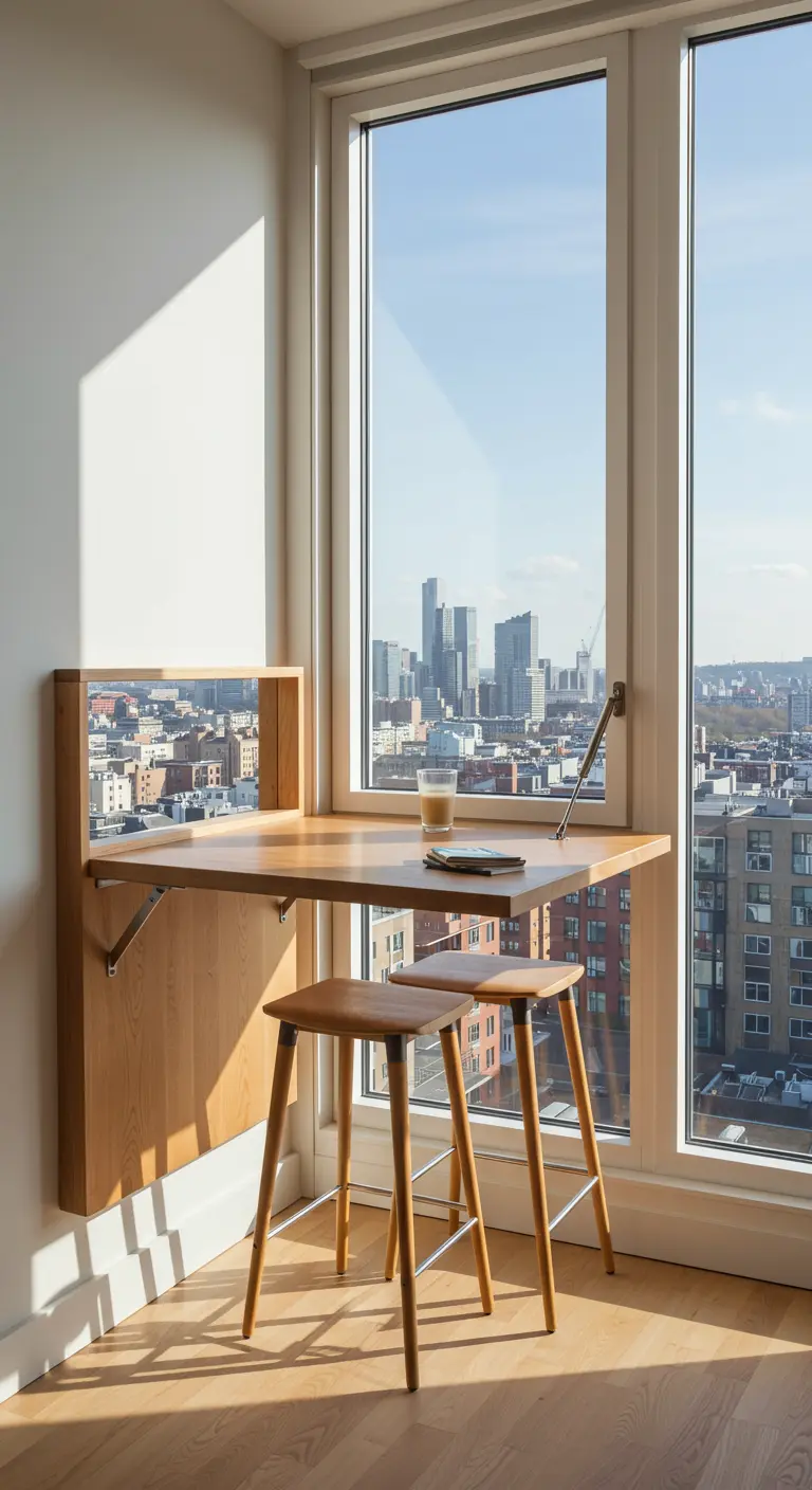 Escritorio de madera plegable montado en la pared frente a una gran ventana con vistas a la ciudad.