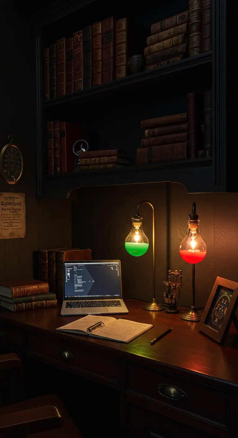 Estudio oscuro con libros antiguos, un portátil y lámparas de laboratorio con líquidos de colores.